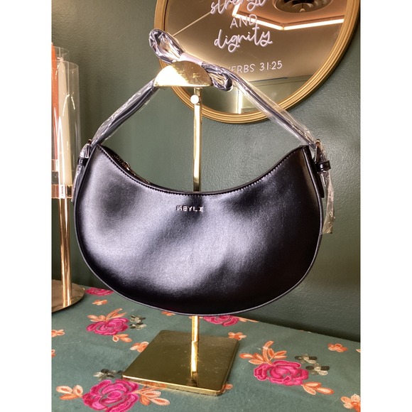 Handbags - Black Crescent Shoulder Bag Smooth Faux Leather Modern Minimalist‎ Style